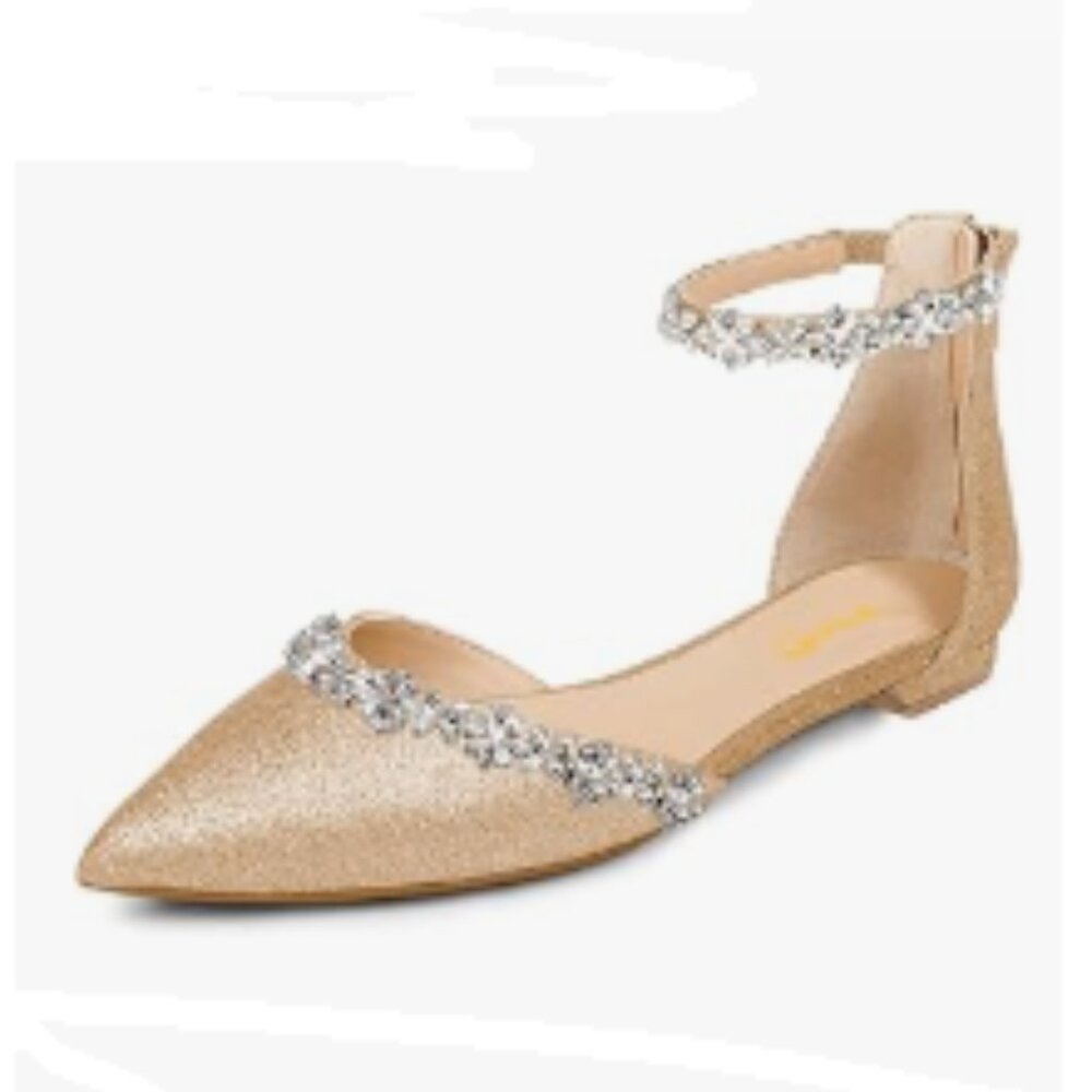 XYD Rose Gold-glitter Pointed Toe Rhinestones Ankle Strap D'Orsay Wedding Sandal